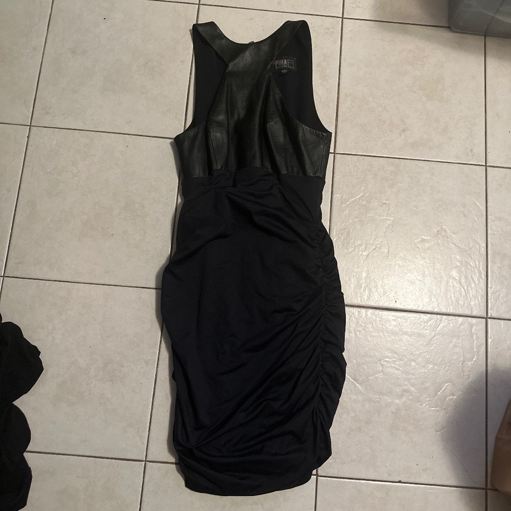 La Pina Natural leather top/fitted ruffled bottom dress